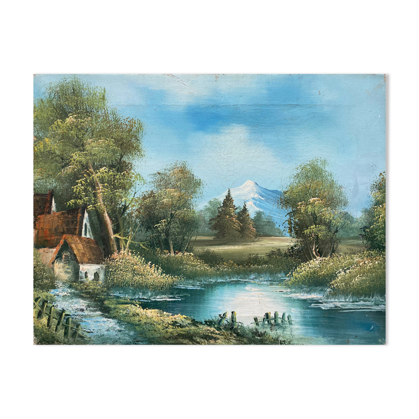 Table hst mountain lake landscape with chalets