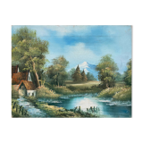 Table hst mountain lake landscape with chalets