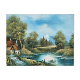 Table hst mountain lake landscape with chalets