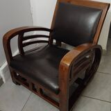 Leather and teak armchair