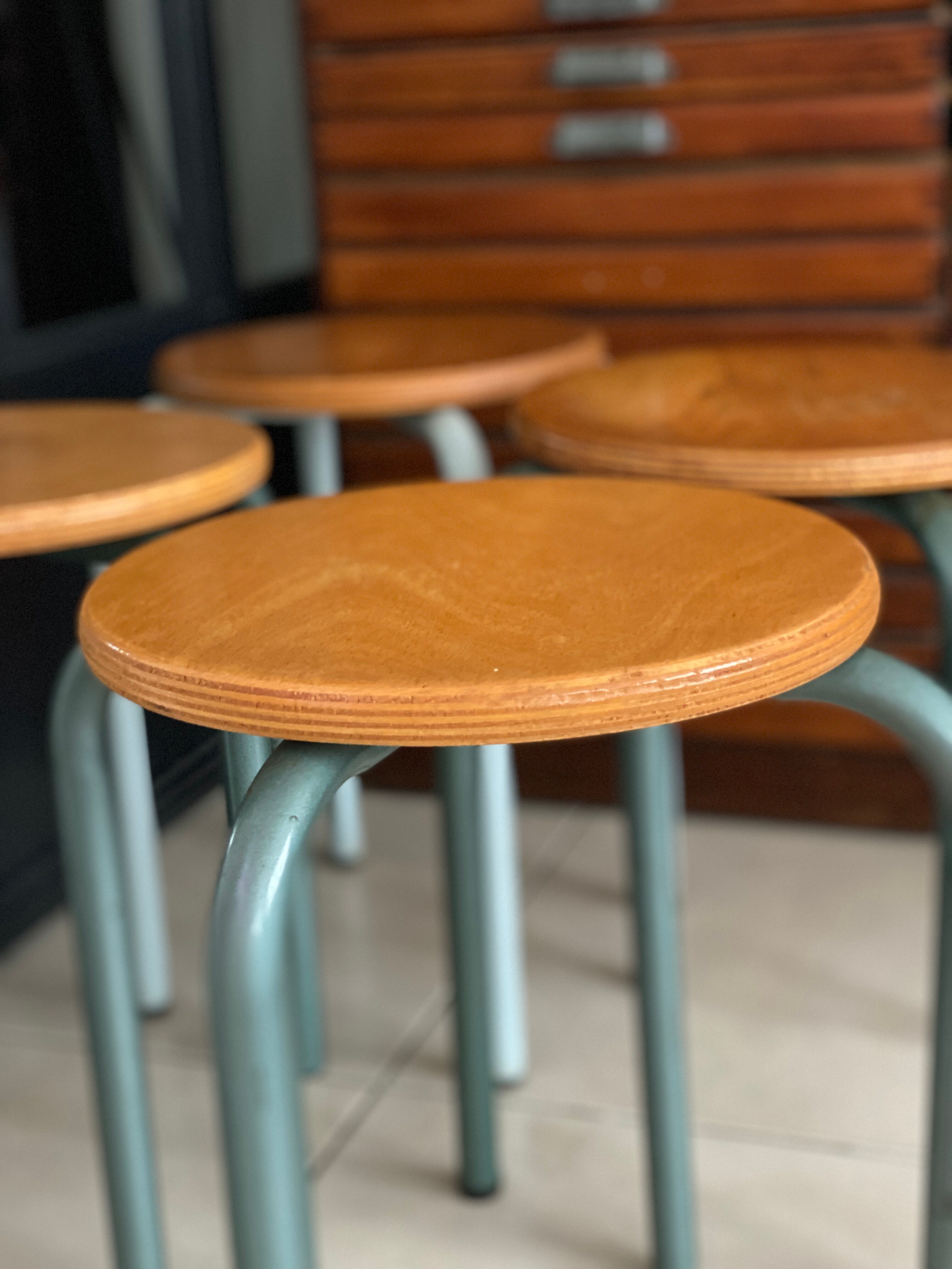 Set of 4 metal and wood workshop stools
