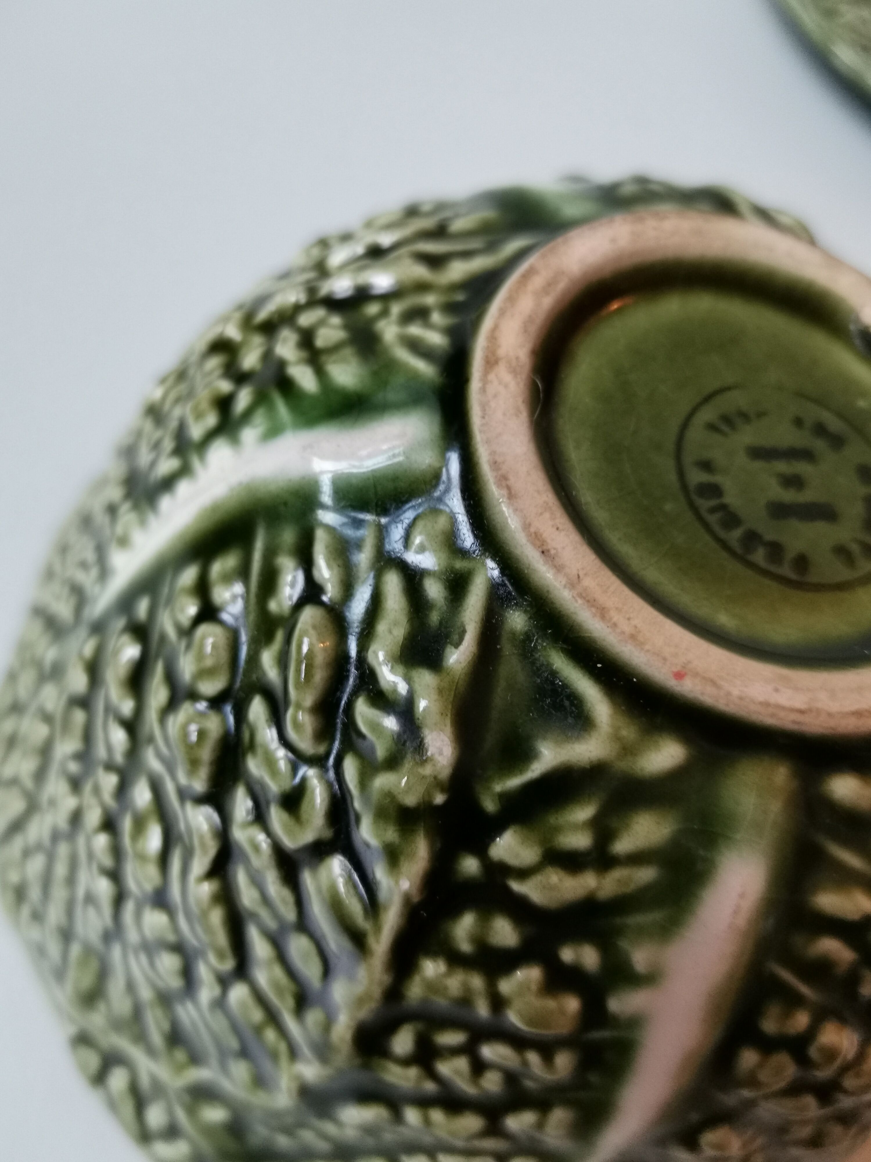 Bowl with saucer vintage slurry green Portugal cabbage leaf