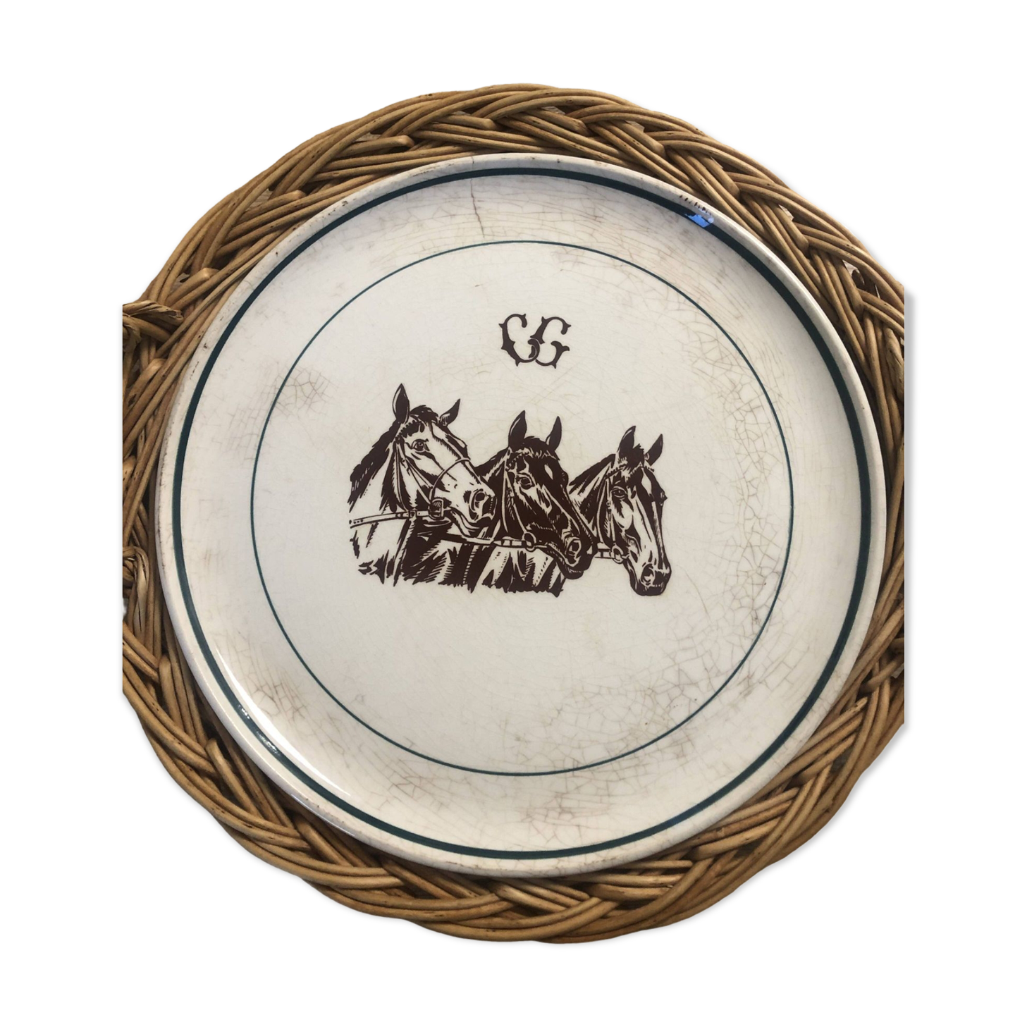 Vintage earthenware horses serving dish by Gien Nordez et Cie Cherbourg