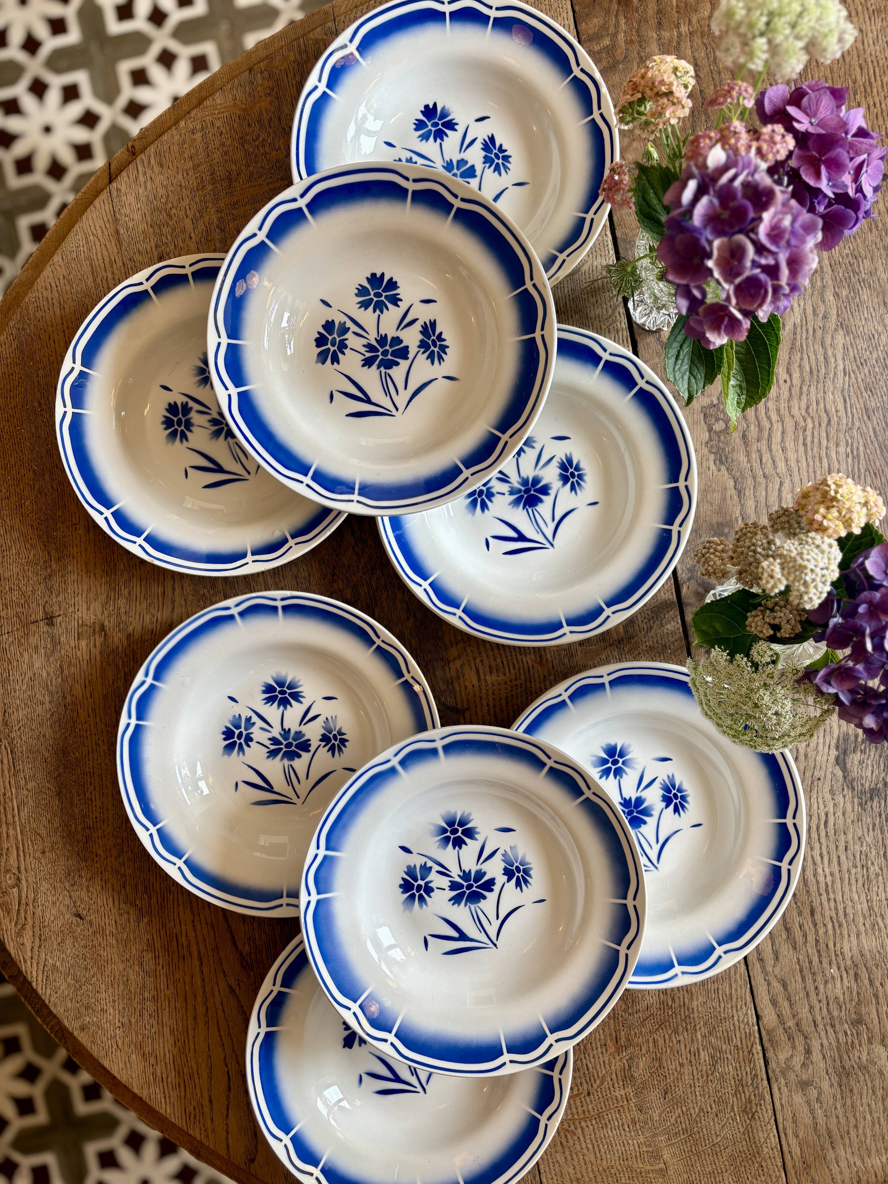 Set of 8 antique soup plates, blue flower decorations