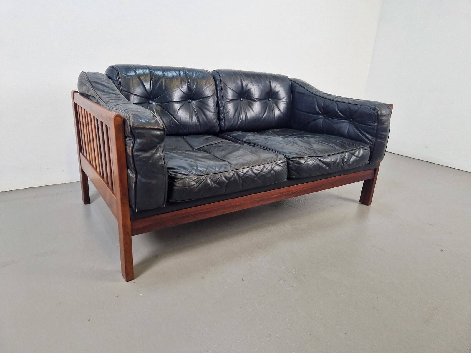 Mid-Century Modern Scandinavian Monte Carlo Sofa in Black Leather and Wood by Ingvar Stockum, 1965