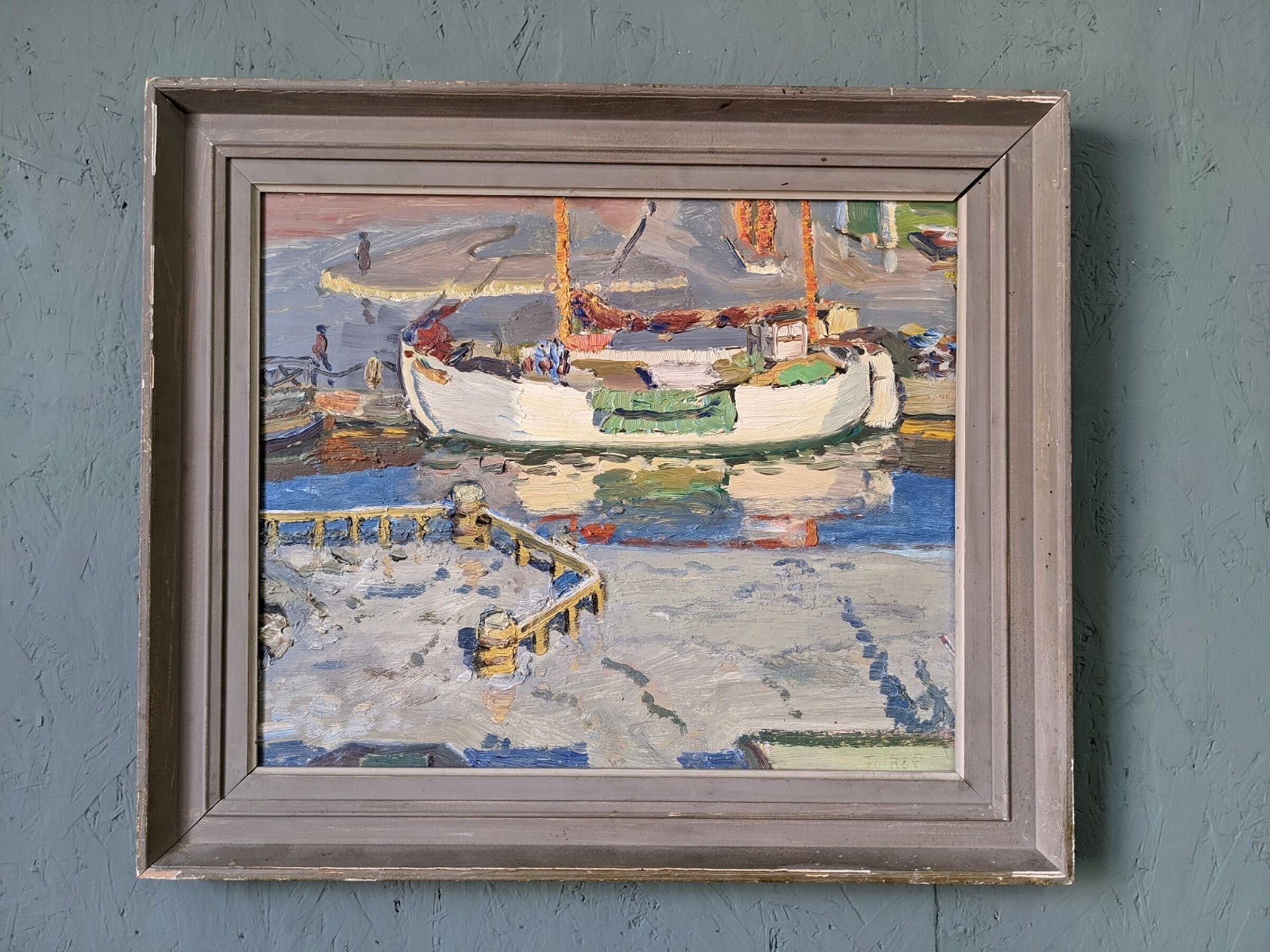 Mid-century modern "the dock" swedish seascape oil painting, framed