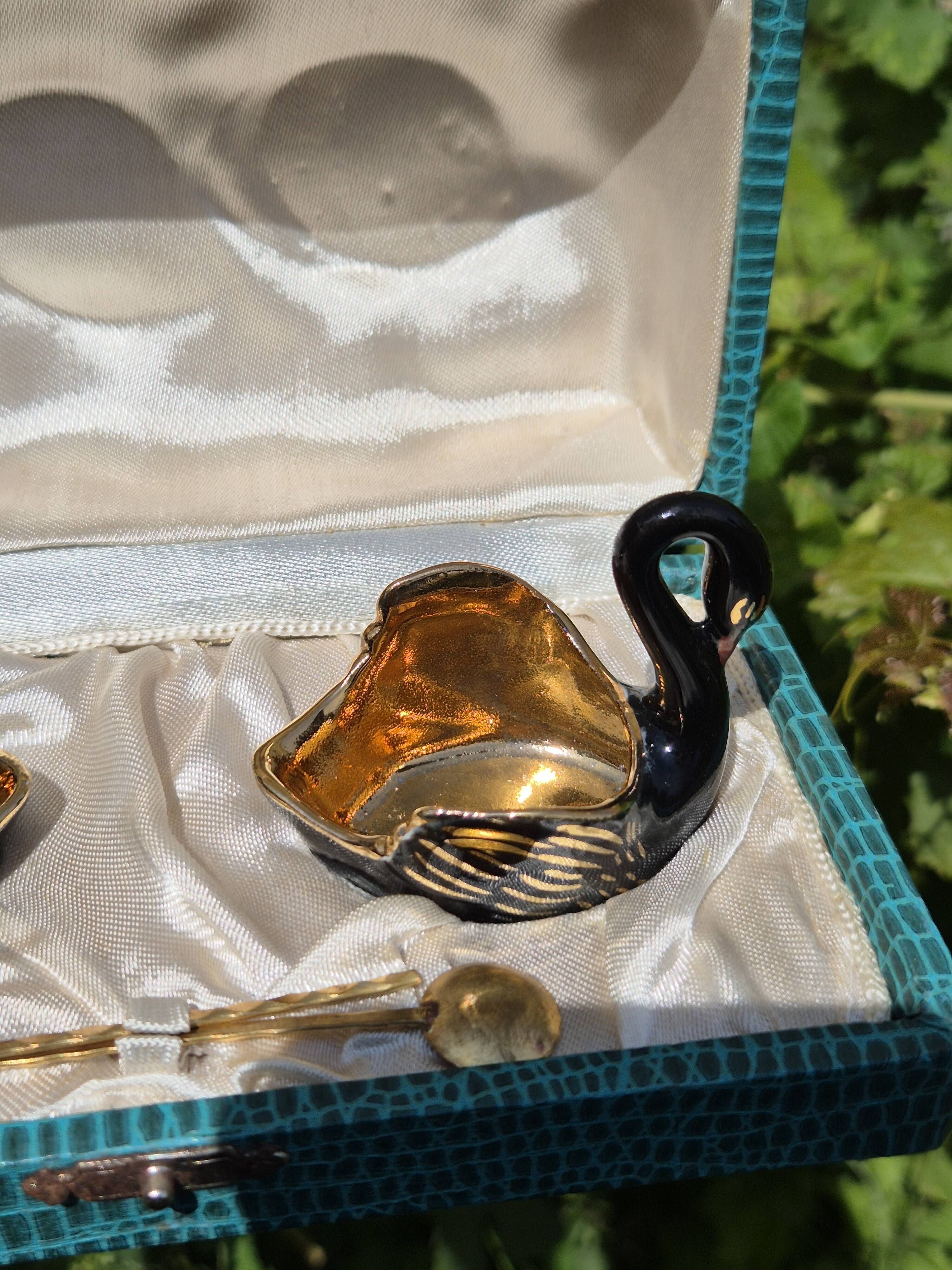 Hand-painted Porcelain Black Swan Salt Cellars Set in original box