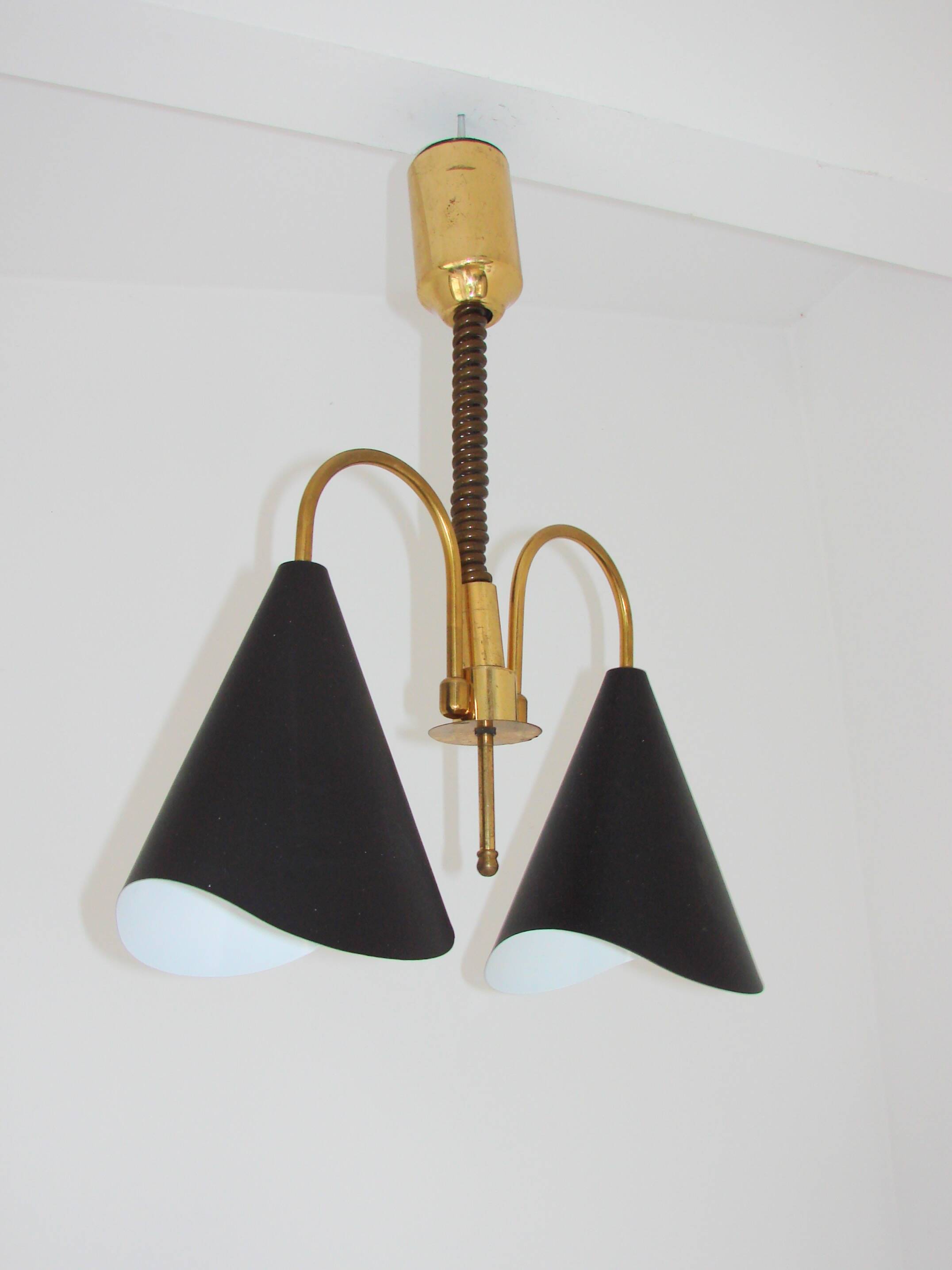 Mid-Century Modern pendant light, brass and metal, 1970s.