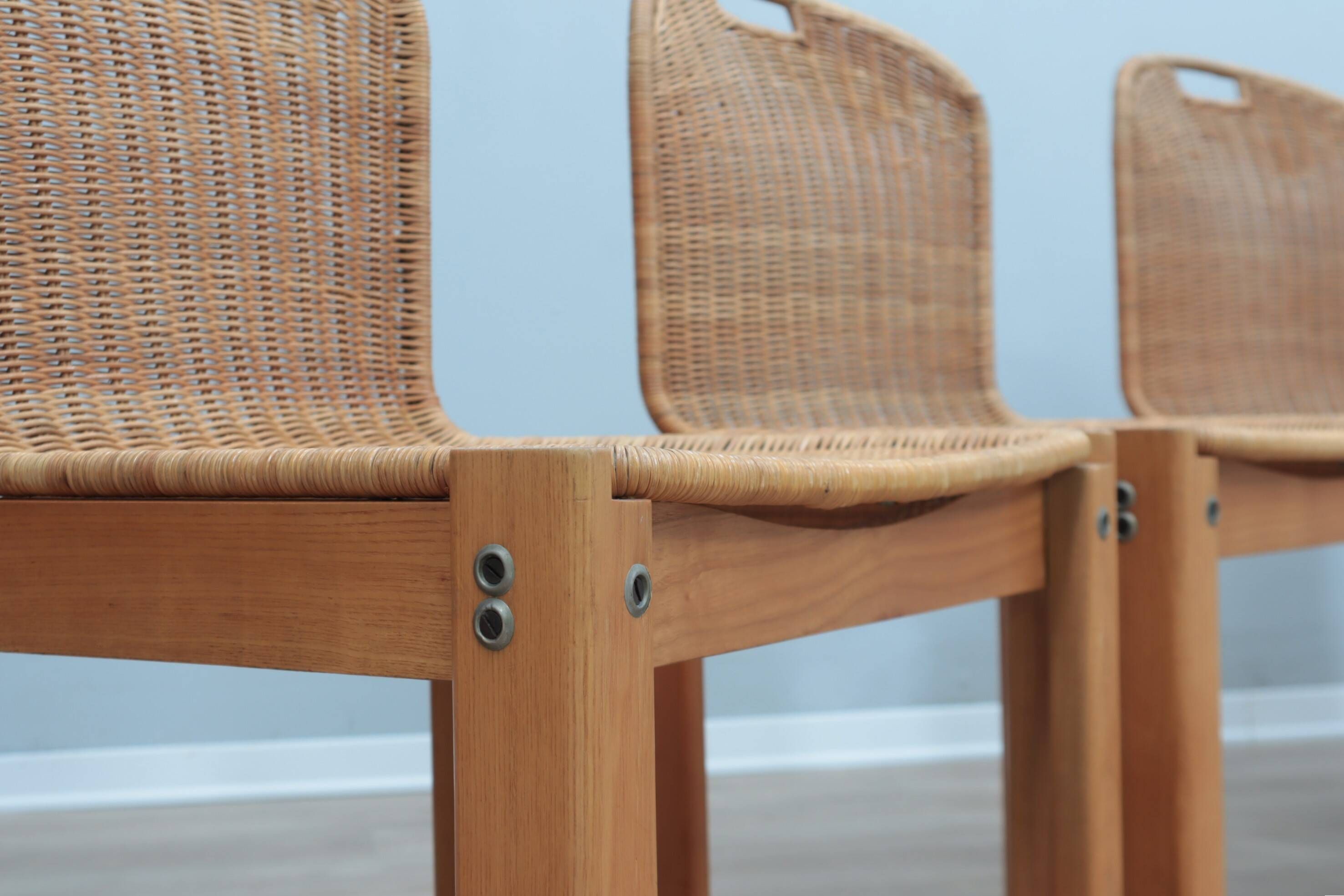 Chaises courbées en osier et bois années 1970, lot de 6