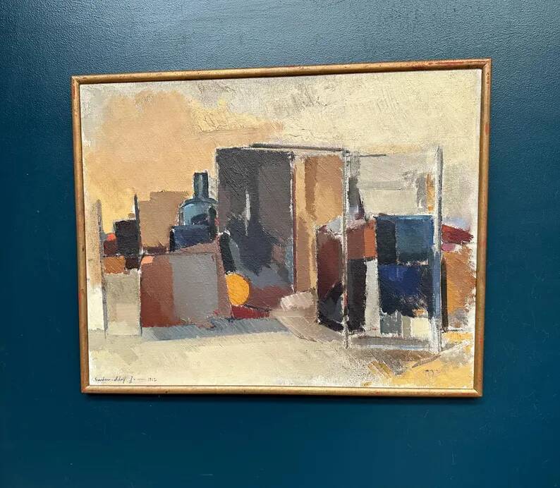 Large original Swedish oil on canvas - 'Blue Bottle and Books' by Gustav Adolf Johansson - 1962 - vintage and framed