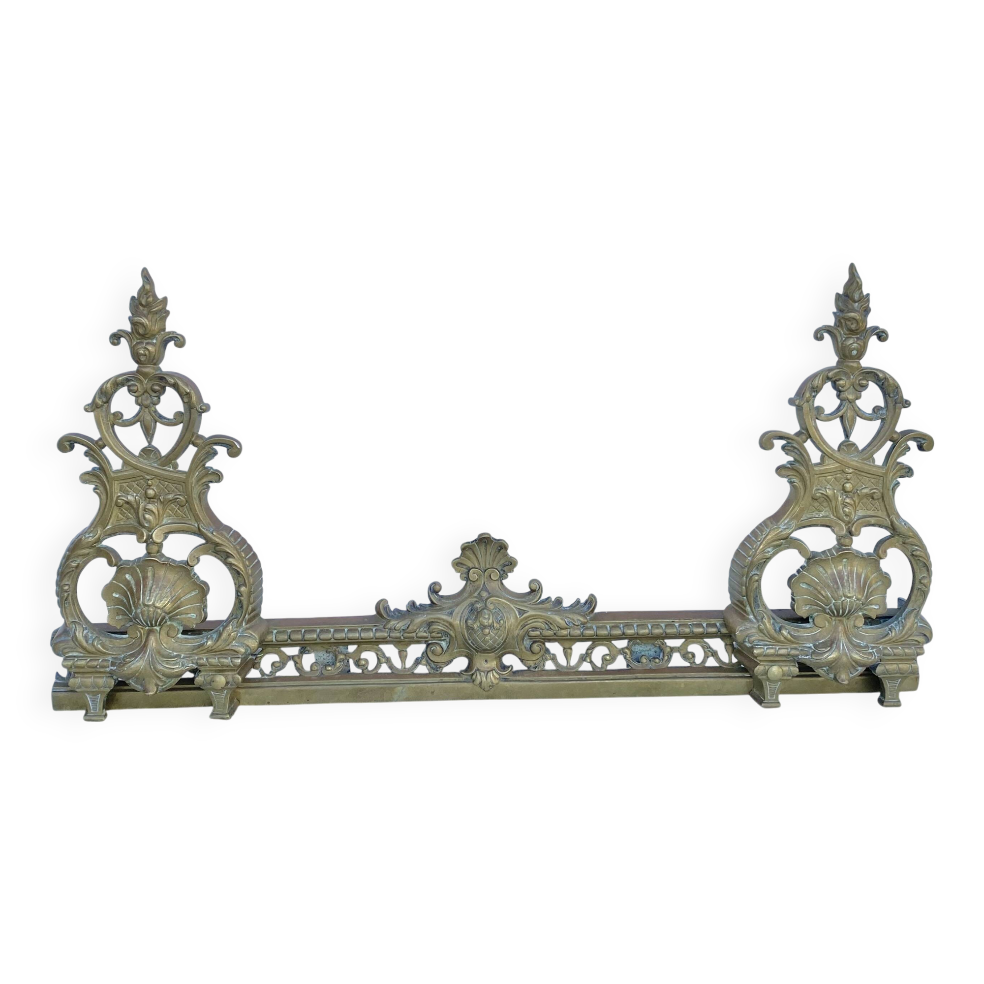 Antique brass fireplace set, bar and andirons, Napoleon I style.