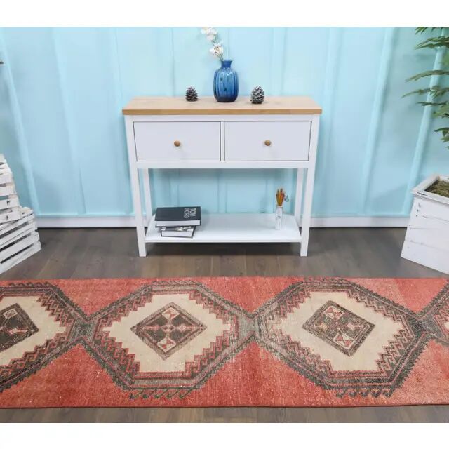Vintage Turkish Hand-Knotted Red Runner Rug 83x380