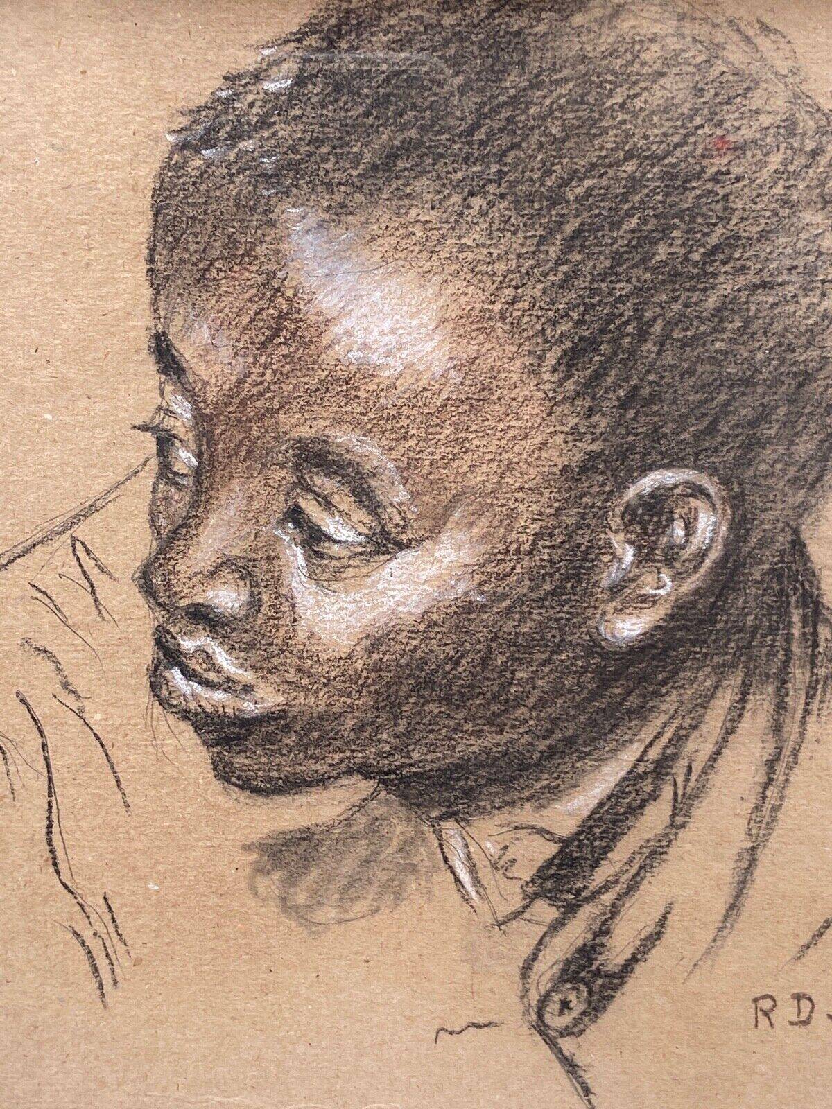 Old painting portrait of black boy in charcoal wooden frame signed RD 96