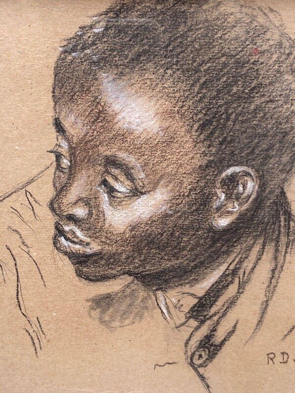 Tableau ancien portrait de garçon noir au fusain cadre en bois signé RD 96