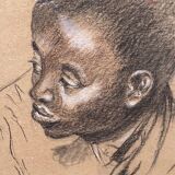 Old painting portrait of black boy in charcoal wooden frame signed RD 96