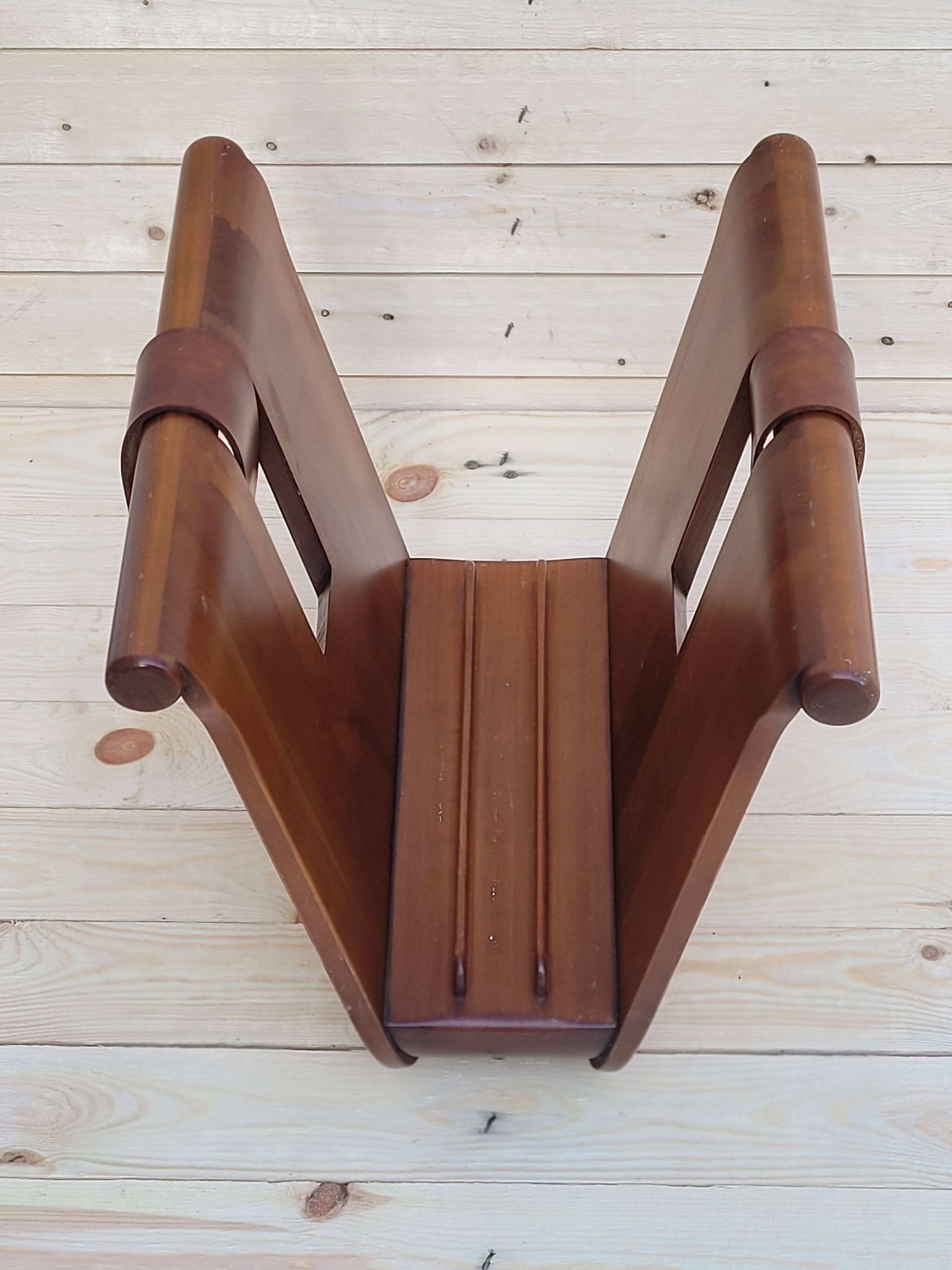 Magazine holder or vinyl in wood and leather vintage design 1960/70