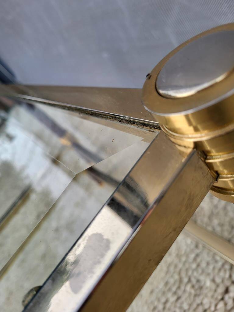 Gold glass coffee table with tobacco-colored legs, 1970s design