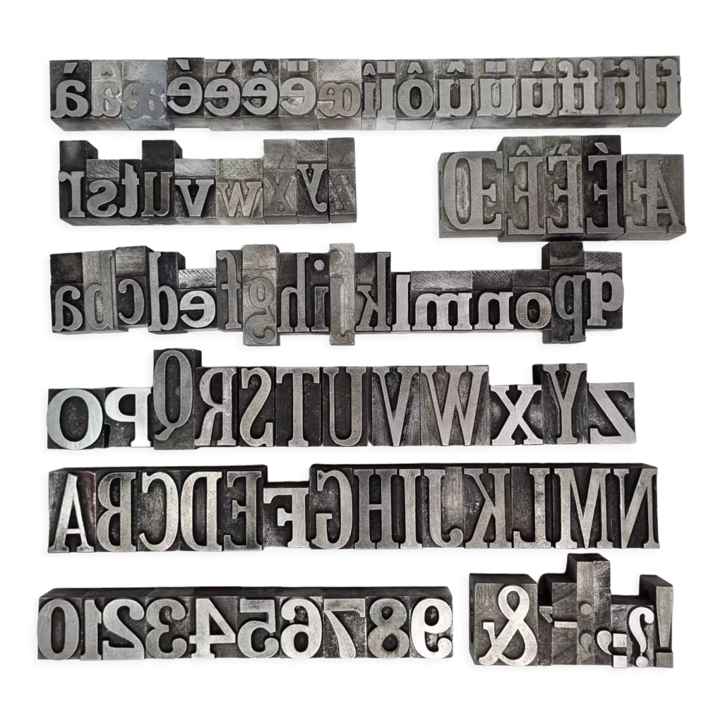 Alphabet complet et nombres anciens caractères d'imprimerie en métal,  lettres imprimeur 01 | Selency