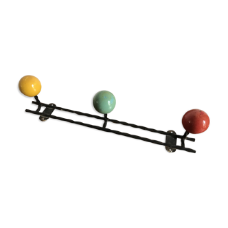 Vintage coat rack hook 3 colored wooden balls