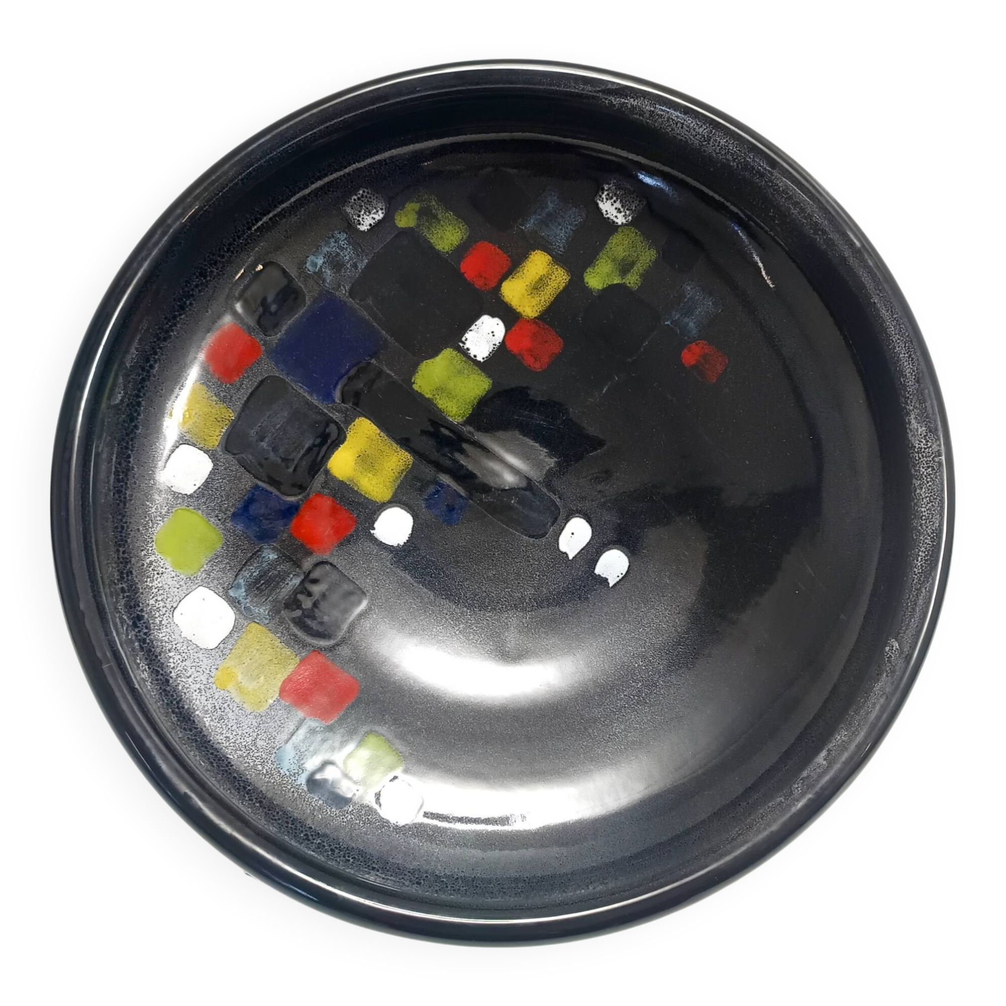 Lacquered Black with Colored Details Ceramic Vide-Poche by Ars Deruta, Ital