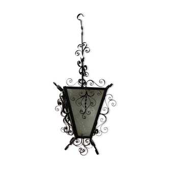 Wrought iron chandelier and vintage cathedral glass