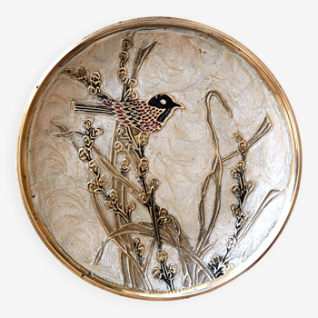 Enamelled brass cup or pocket with bird decoration