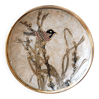Enamelled brass cup or pocket with bird decoration