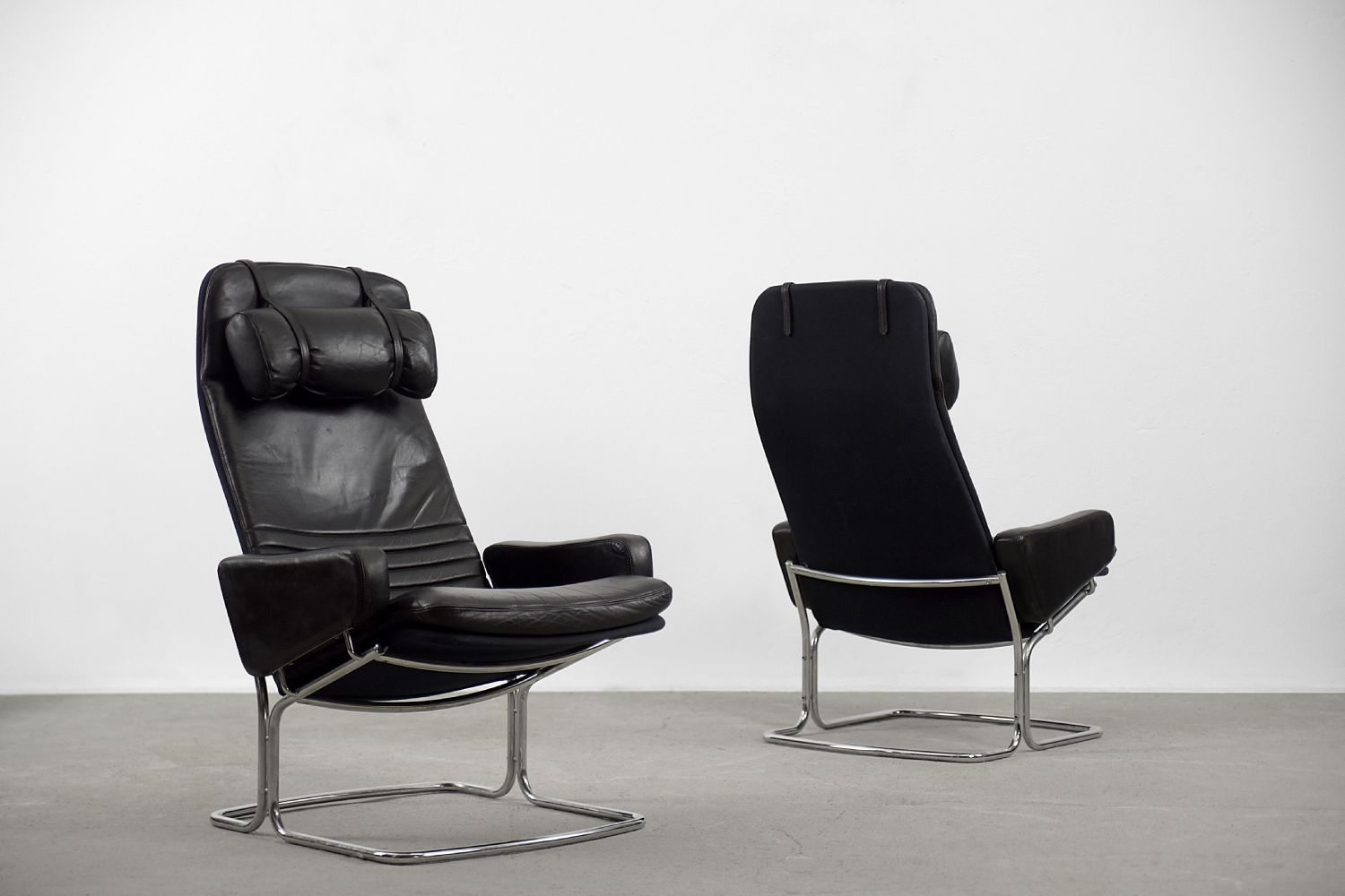 Mid-Century Rare Black Leather Scandinavian Armchair by Ire Möbel, 1970s, Set of 2