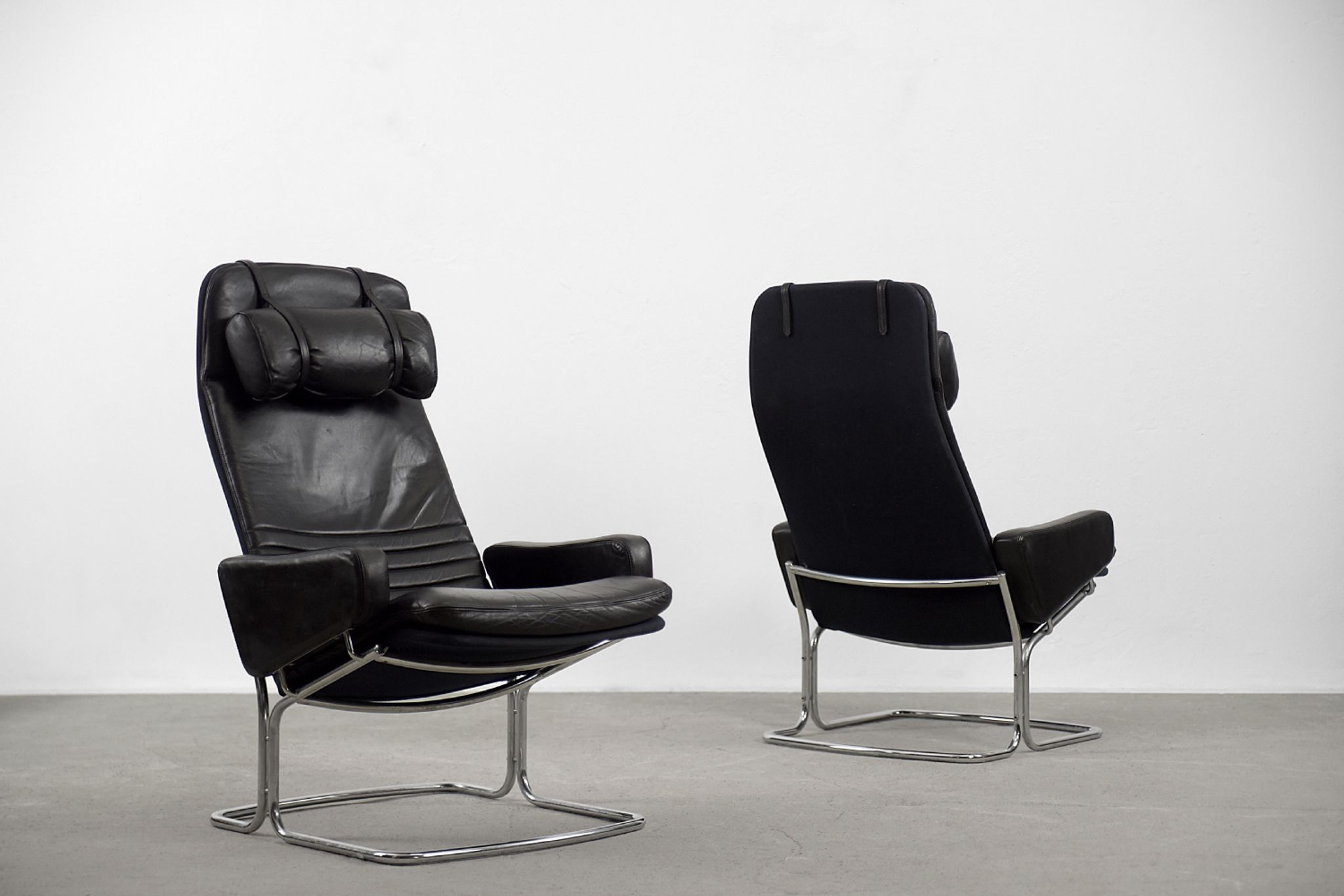 Mid-Century Rare Black Leather Scandinavian Armchair by Ire Möbel, 1970s, Set of 2