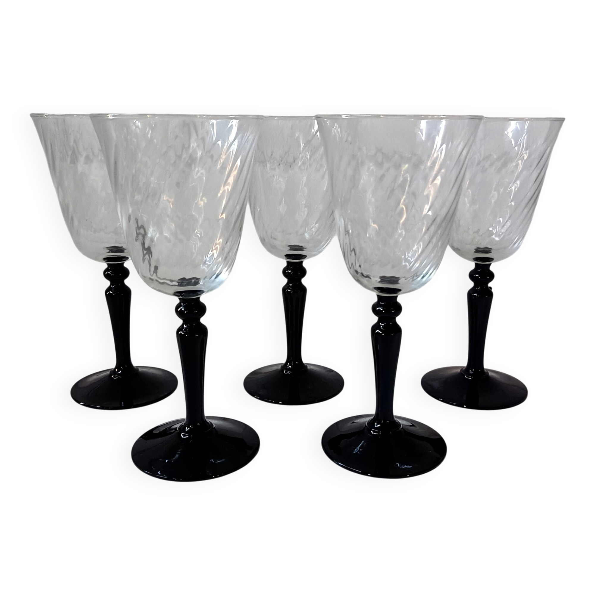 5 large black stemmed glasses arcoroc france, vintage