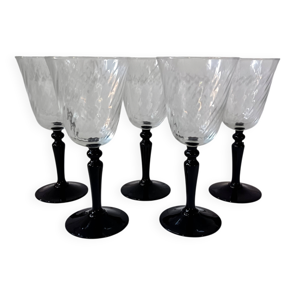 5 grands verres sur pied noir arcoroc france, vintage