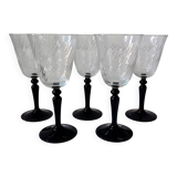 5 large black stemmed glasses arcoroc france, vintage