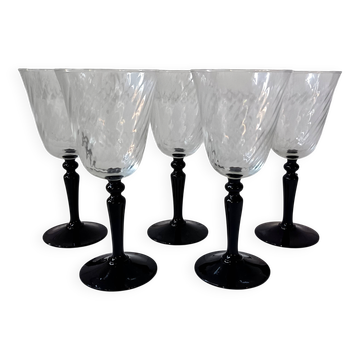 5 large black stemmed glasses arcoroc france, vintage