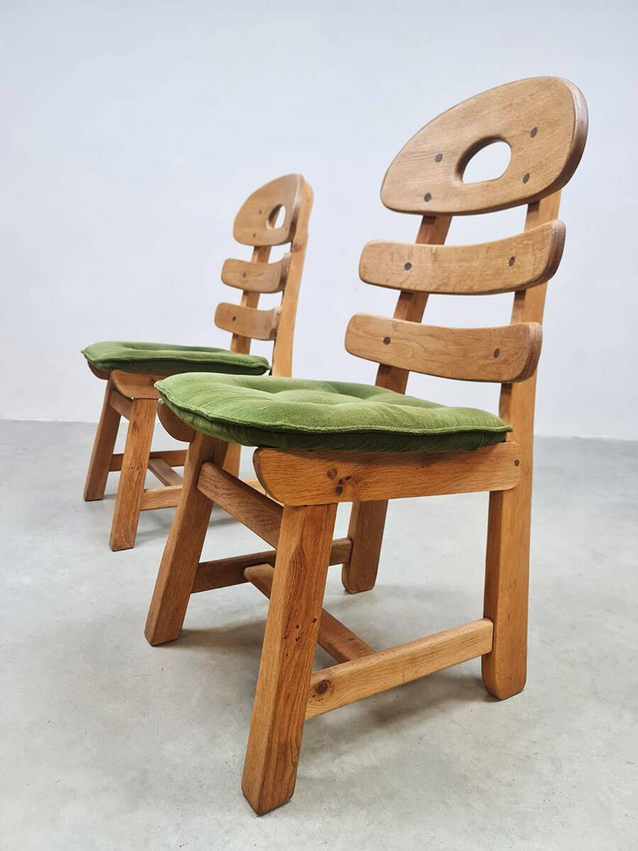 Vintage Spanish oak fishbone chairs 1970 ''Brutalist''