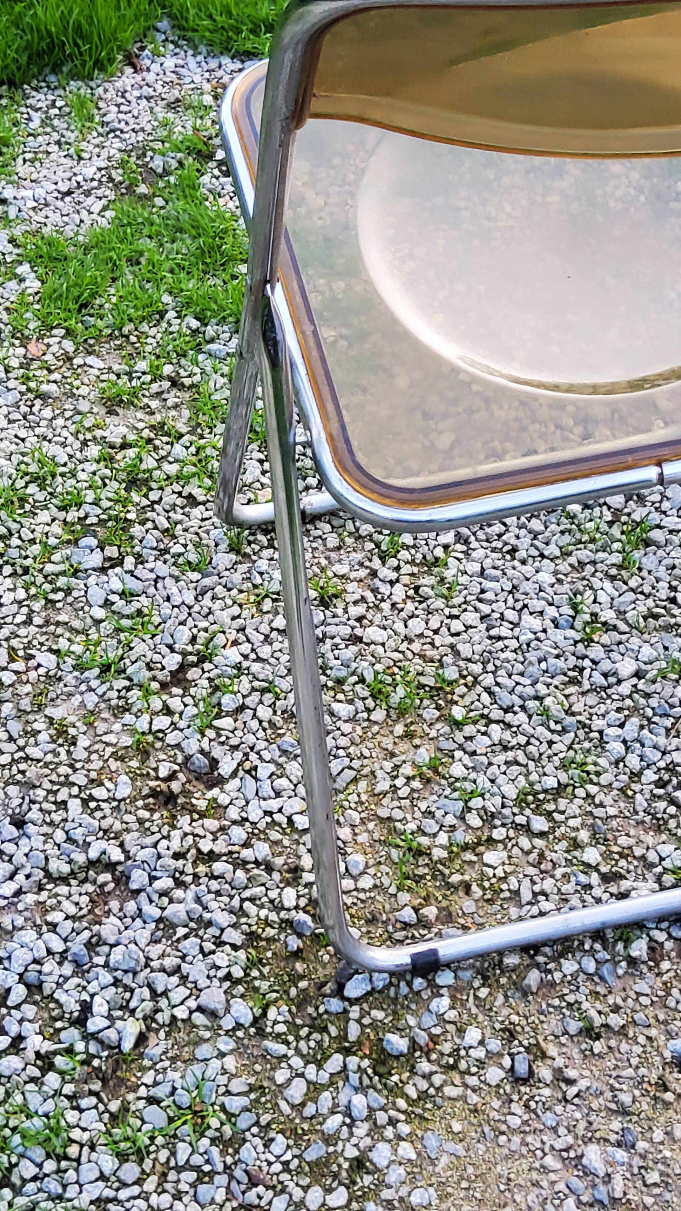 Set of 4 70s design folding chairs in smoked plexiglass and chrome metal