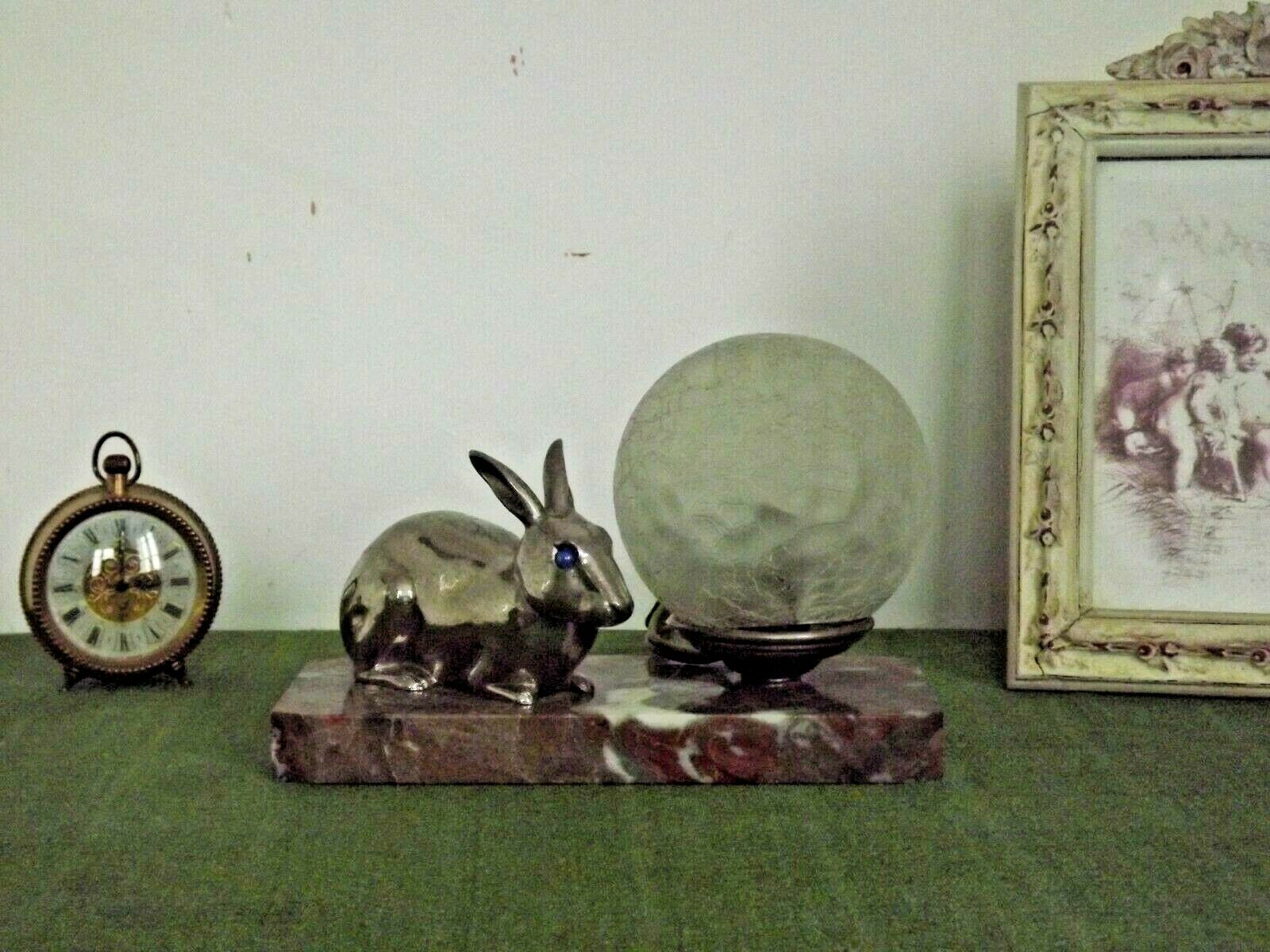 French Art Deco Lamp Marble Base Silver Metal Rabbit Crackle Ball Shade 3365