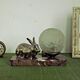 French Art Deco Lamp Marble Base Silver Metal Rabbit Crackle Ball Shade 3365