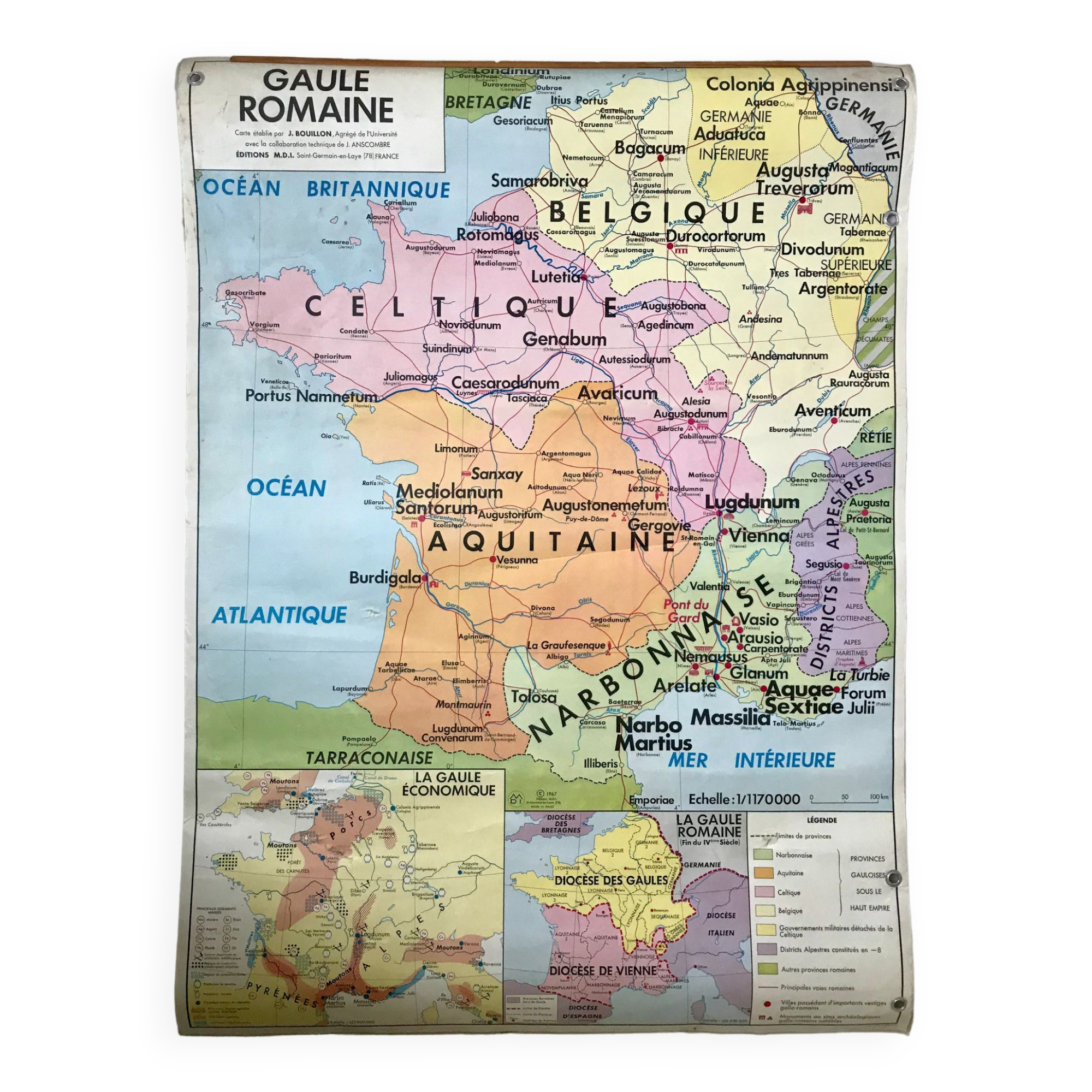 school map Librairie Armand Colin Reinhart and Wagret Roman Gaul with wooden hook 1970