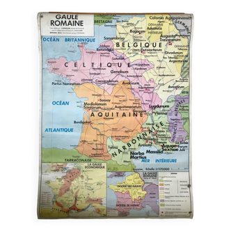 school map Librairie Armand Colin Reinhart and Wagret Roman Gaul with wooden hook 1970