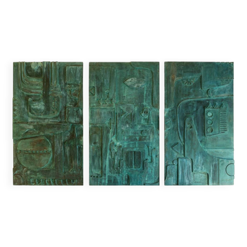 Victoire de Segonzac. Panneau triptyque sculpté et cuivré. Contemporain