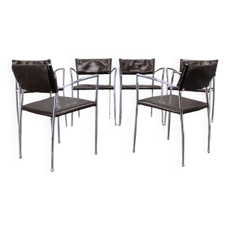 Set of six Italian leather and chrome armchairs by Arper