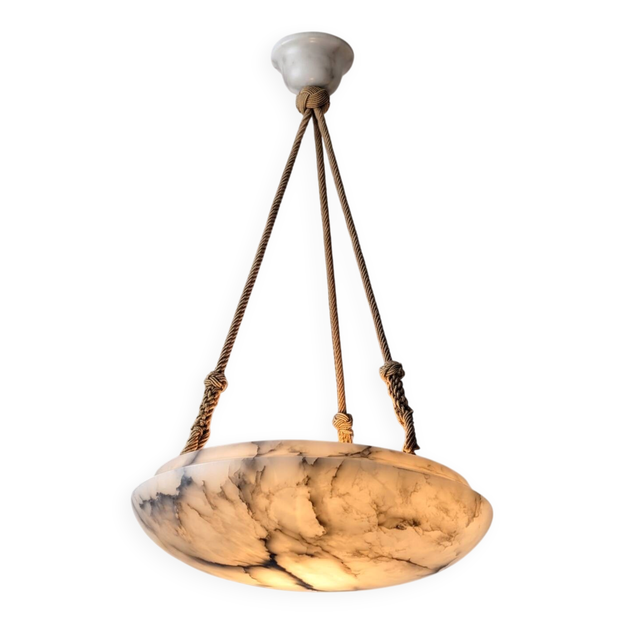 Timeless Art Deco pendant lamp in carved alabaster with black veins, 1920s