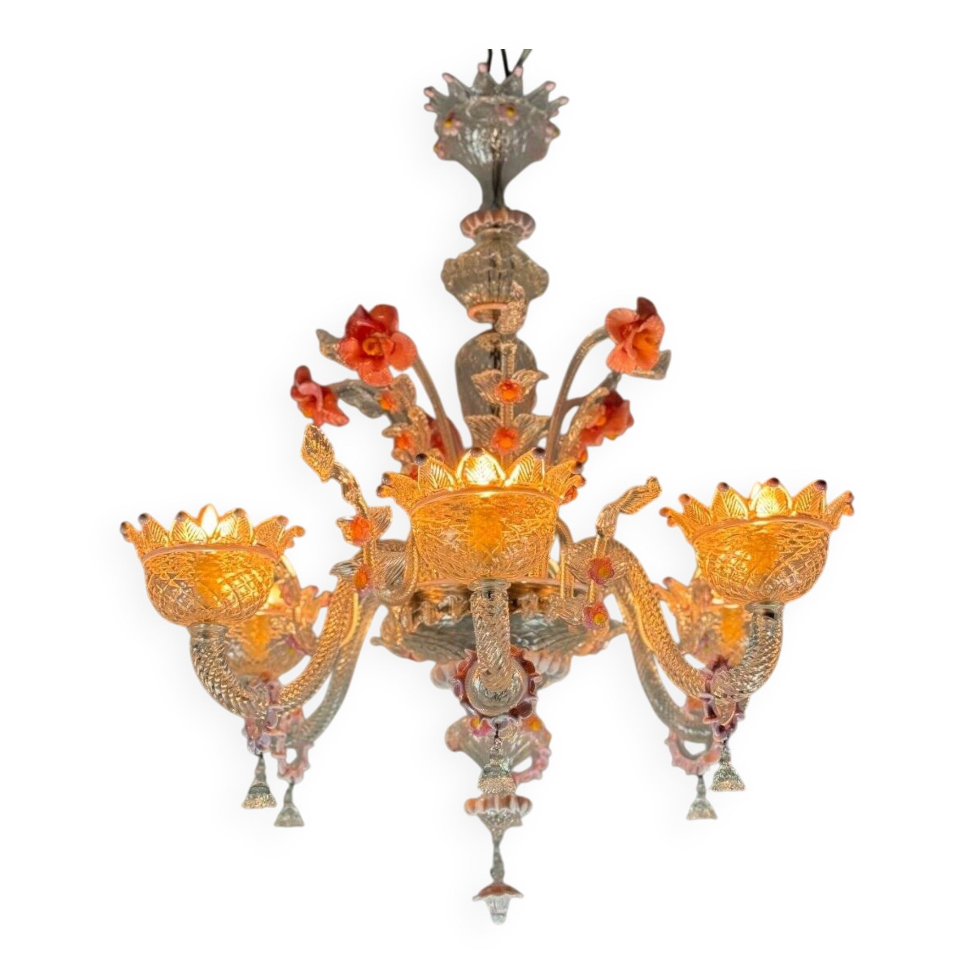 Venetian chandelier in colorless and pink Murano glass, 6 light arms circa 1940