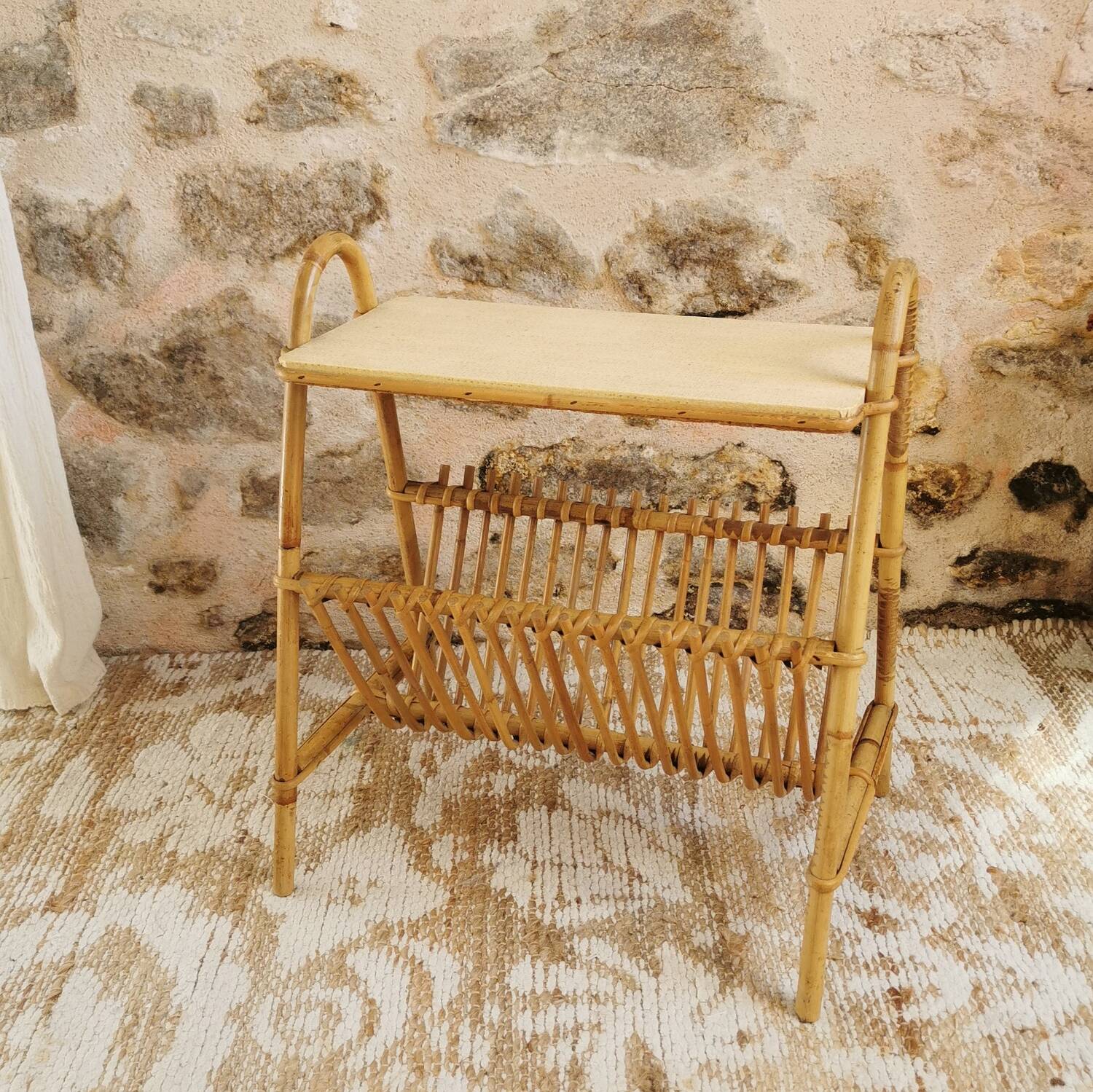 Rattan magazine rack, vintage side table