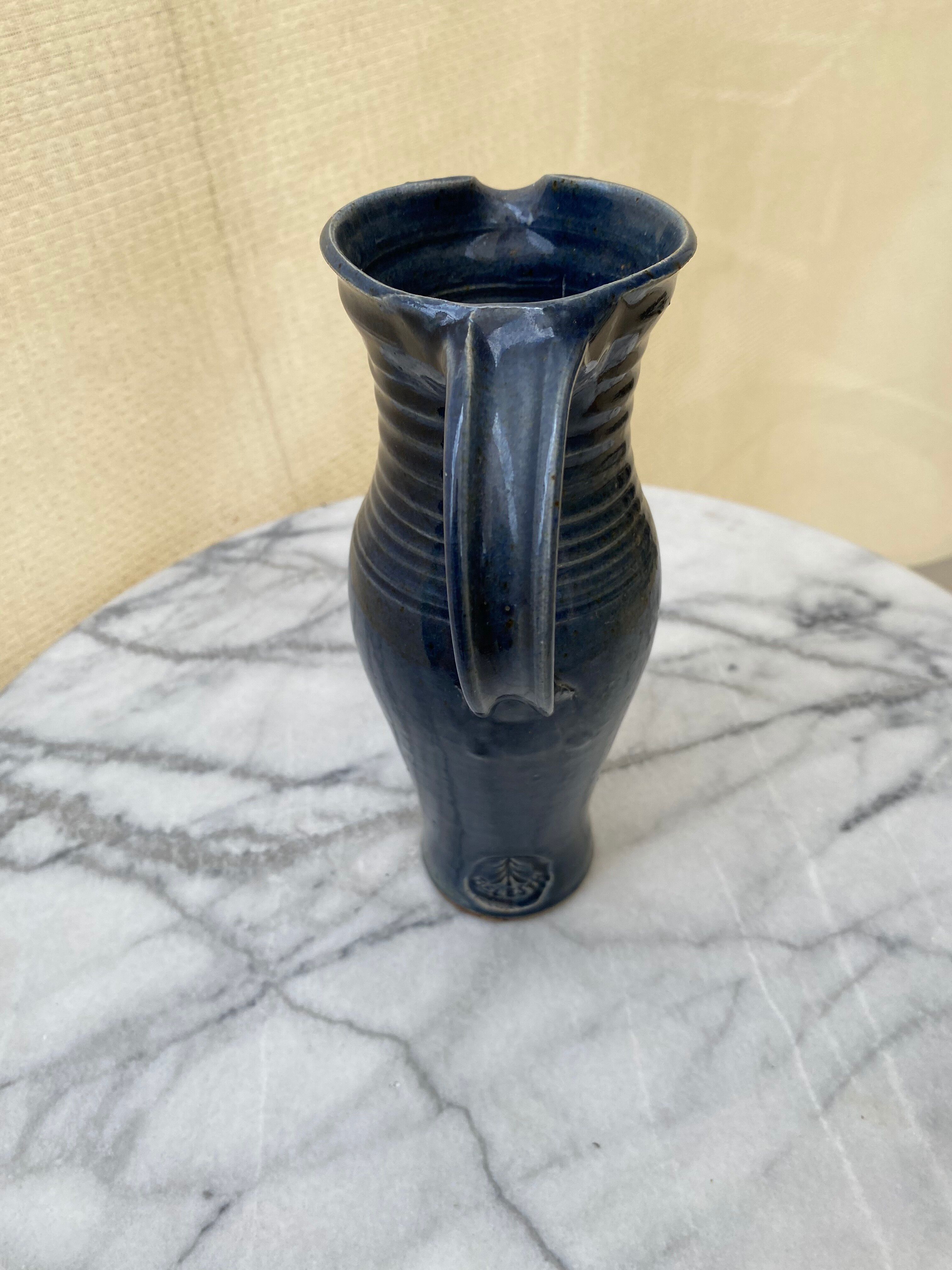 Night Blue Stoneware Carafe – Signed "Belesta" (Artisan Craft)