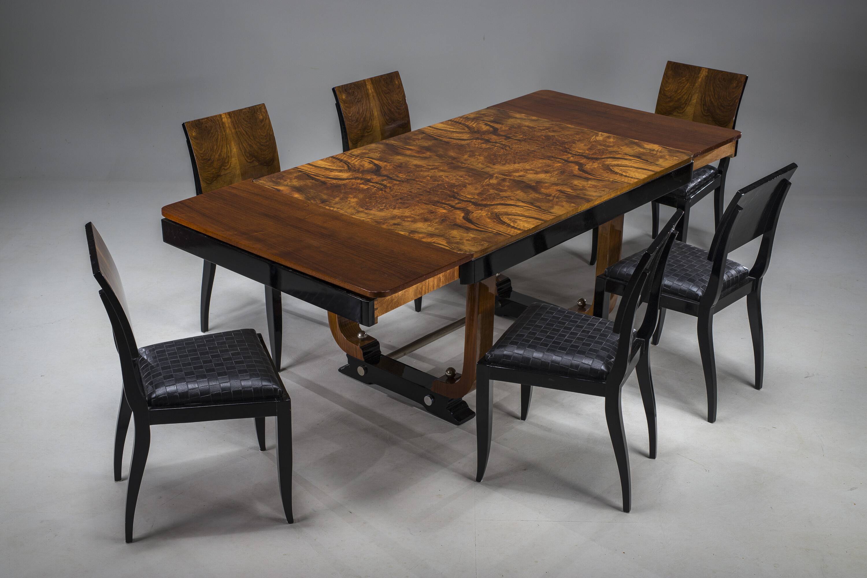 Art Deco French Walnut & Burl Dining Set, 1930s, Set of 7