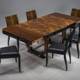 Art Deco French Walnut & Burl Dining Set, 1930s, Set of 7
