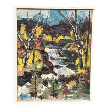 Original Swedish Oil On Panel – “Autumn Waterfall” By Harry Sahlin