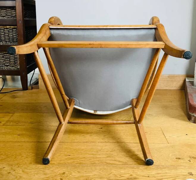 19th century St Empire armchair in pegged blond walnut with cross-stitched tapestries