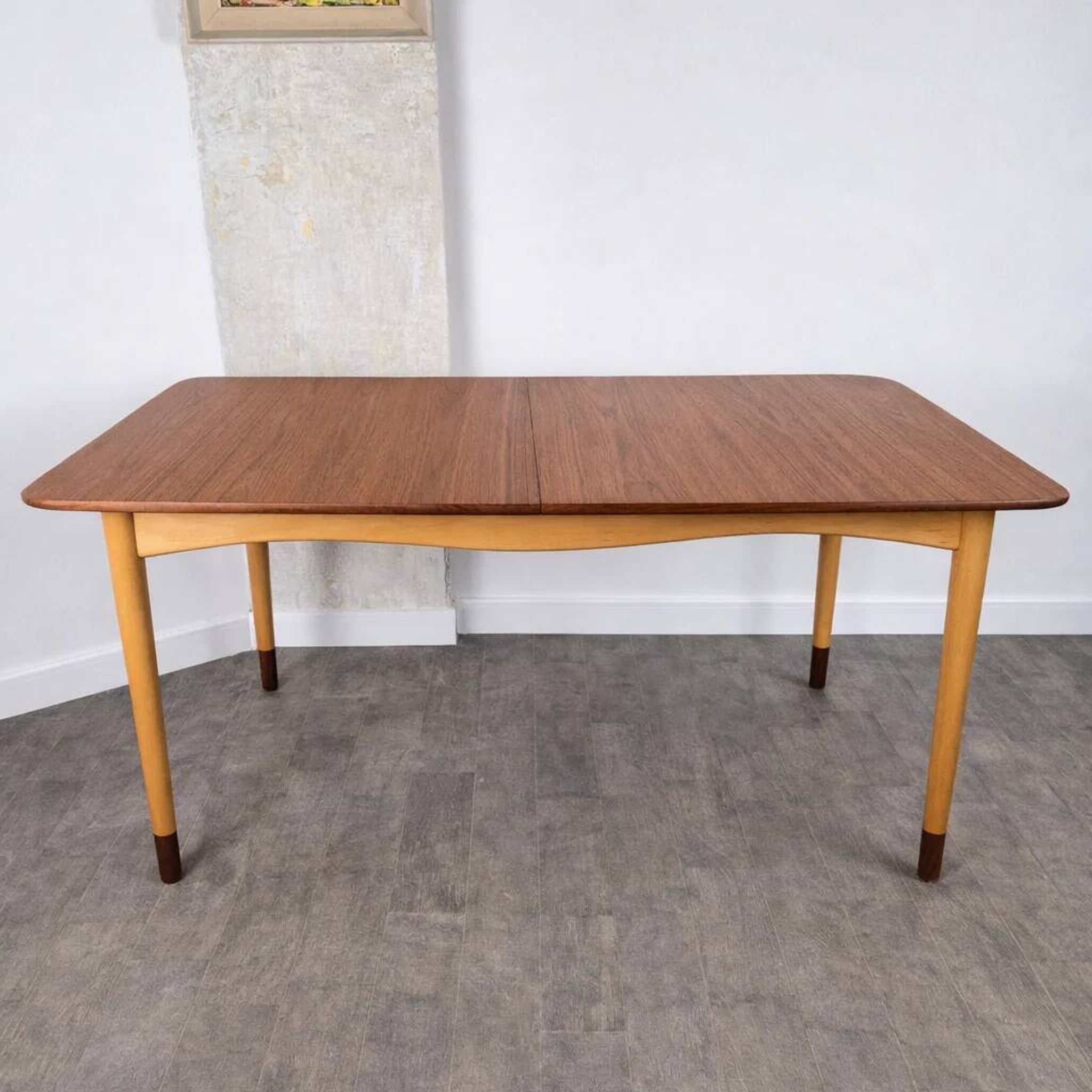 Rare teak and maple dining table with 2 extensions by Finn Juhl for Bovirke, Denmark, 1950.